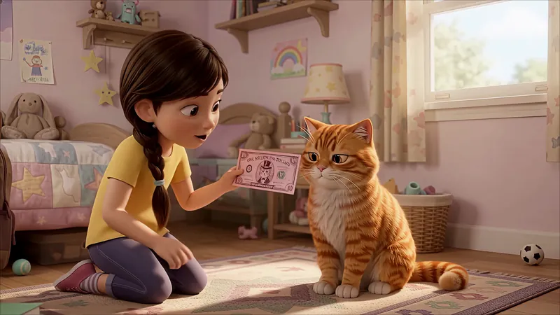 Eva kneels on her bedroom rug showing a homemade bill to Barnaby the cat