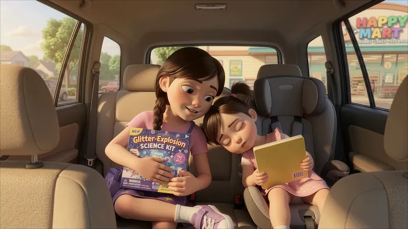 Eva in the back seat hugging the science kit while Tilly leans on her shoulder