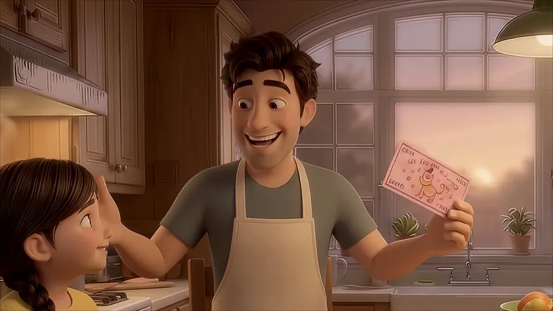 Dad in his apron laughing as he holds up one of Eva's coupons