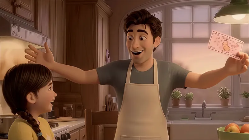 Dad in his apron with arms wide, holding one of Eva's coupons and grinning