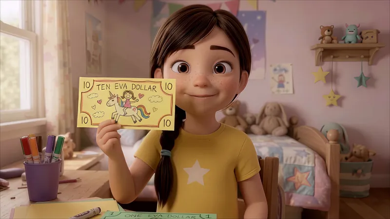 Eva holds up a hand-drawn One Eva Dollar bill