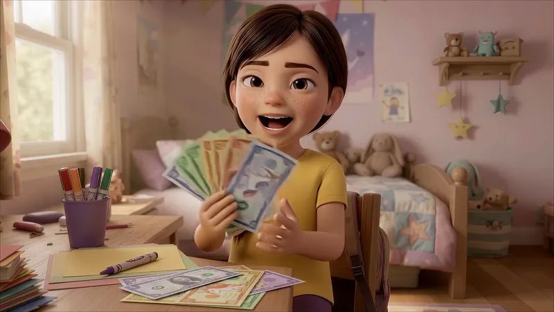 Eva fans out a handful of homemade Eva Dollars at her desk