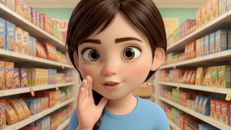 Eva in a cereal aisle, hand cupped by her mouth, about to tell a secret