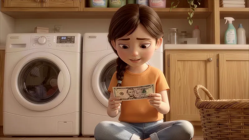Eva sits by the washing machine holding a five-dollar bill in both hands