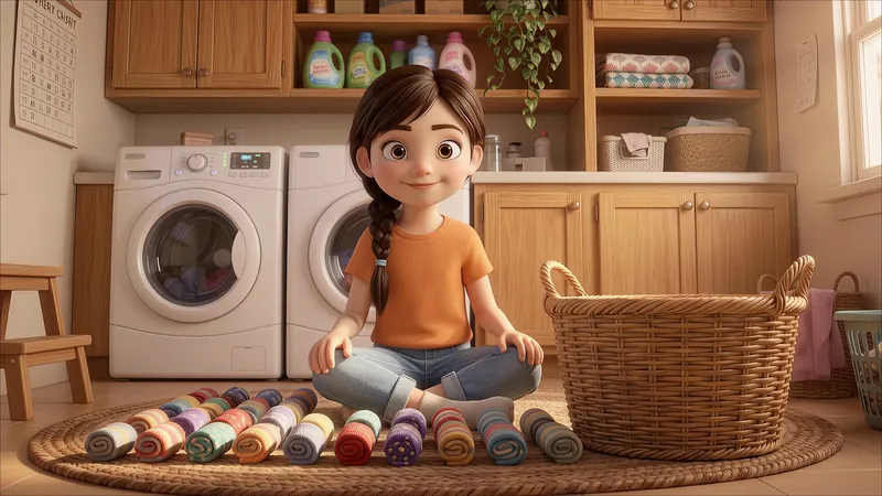 Eva sits beside rows of rolled-up socks in the laundry room