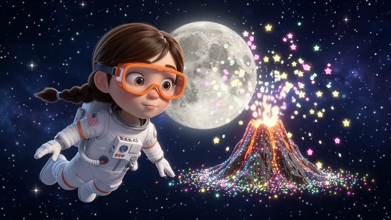 Eva daydreams she is floating in space in safety goggles next to an erupting glitter volcano