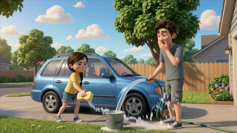 Eva splashes water at the car while Dad covers his face in the driveway