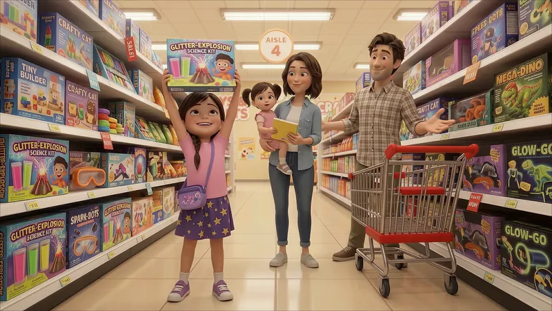 Eva lifts the science kit high in the toy aisle while her family cheers