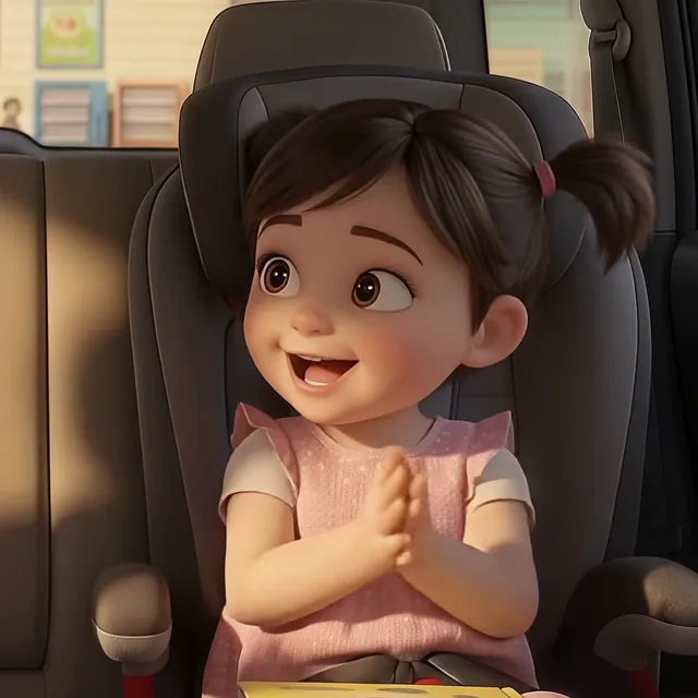Tilly in her car seat, clapping and grinning