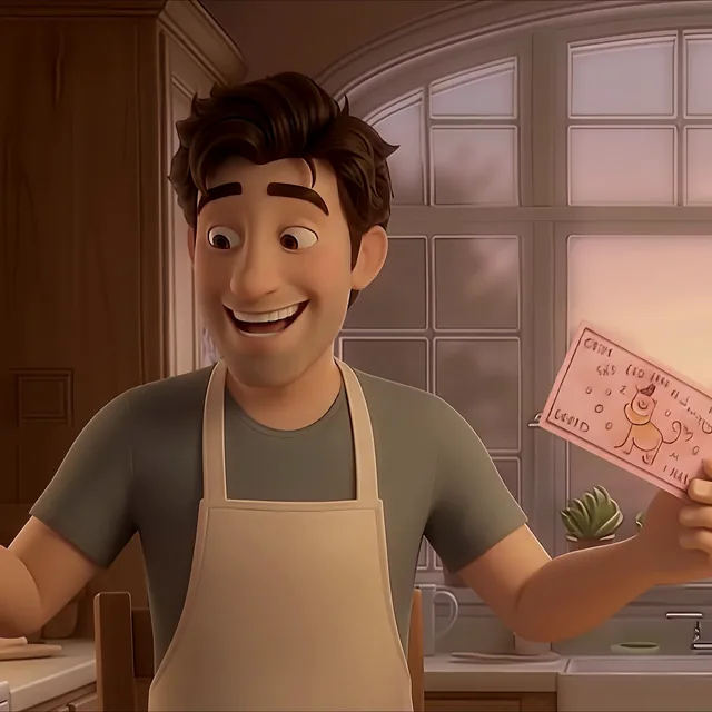Dad in a kitchen apron, laughing and holding up a paper coupon