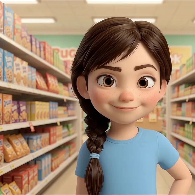Eva, eight, with a long dark braid and a blue t-shirt, smiling