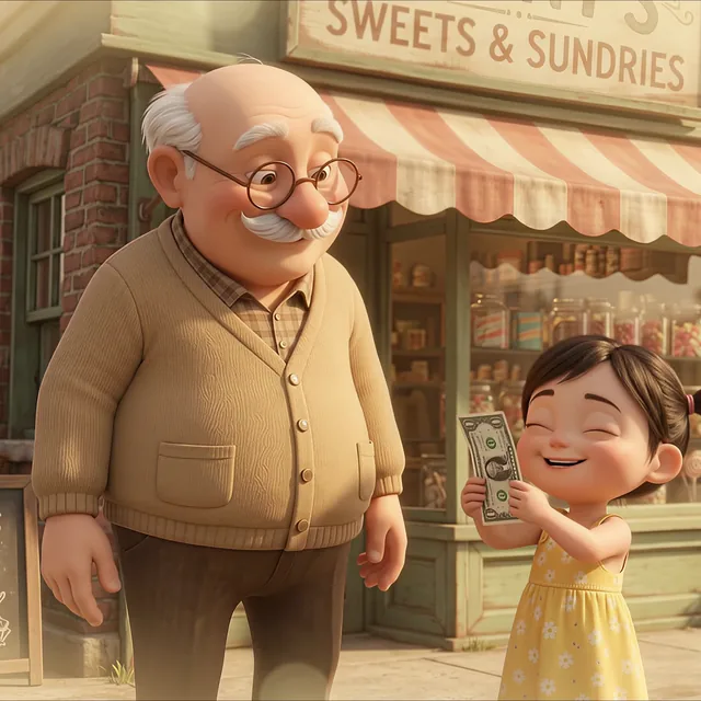 Grandpa Walter outside a sweet shop, with little Eva hugging a dollar bill