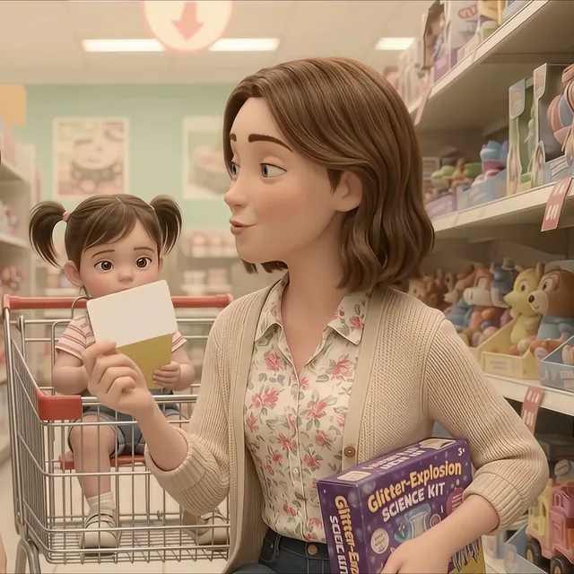 Mom, with a chestnut bob and a cardigan, talking with Eva in the store