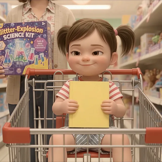 Tilly, two, with two high pigtails, holding a yellow board book in a shopping cart